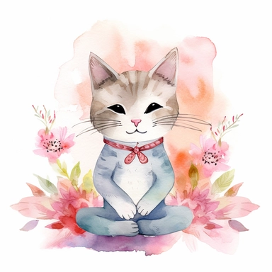 cute cat doing yoga exercise, yoga lotus flower background, watercolour clip art