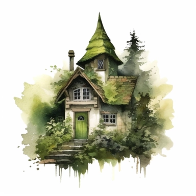hyperrealistic high detailed green witches cottage in the woods, watercolor clipart, white background