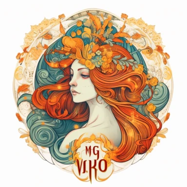 old style fire virgo zodiac, vector design illustration, in the style of detailed heavy metal embroidery, hand-painted details, Horoscope Clipart, isolated white background