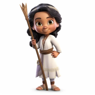 cute 3d cute little girl historian clipart, various ethnicities, medieval historical era cane or crutch, full body, on white background