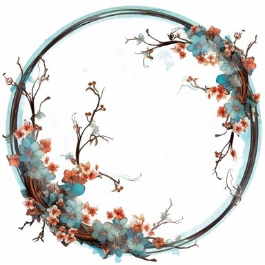 clipart line-art frame of blossom, white background, subtle and little, dark cyan and amber, 8k, high quality, in the style of Anton Semenov and Zdzisław Beksiński
