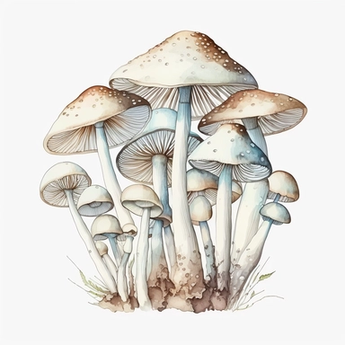 watercolor, a bunch of thin loong mashrooms in white color, a lot of details, good quality illustration, clipart, white background