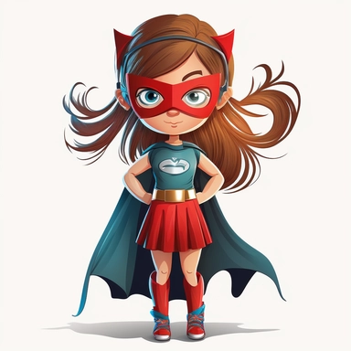 full body happy superhero little girl with black eye mask and childs dress, looking directly at the camera, in clipart style