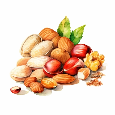 picturesque, simple, bright, the best simple mixed nuts, almond, cashew nut, pistachio, peanut, macadamia nut, in the world, clipart on white background, watercolor, painted by Beatrix Potter, 8k,