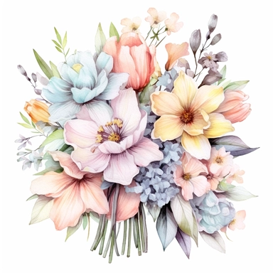 A charming clipart of a bouquet of fresh spring flowers on a white background, painted in delicate watercolors and pastel tones. The bouquet is filled with a variety of spring flowers such as tulips, daffodils, and cherry blossoms. Each flower is beautifully detailed, with soft color tones that blend harmoniously into the overall image. The pastel tones evoke a sense of freshness and rebirth associated with spring, making this image perfect for any design project that calls for a touch of nature