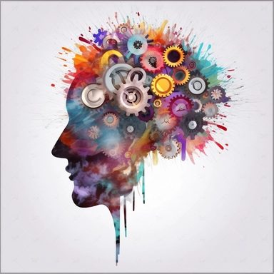 brain koboi cog in the shape of colorful gears, hd transparent background png clipart, in the style of realistic human figures, academic realism, psychological portraits, study, human-canvas integration, industrial and technological subjects, steel elements inside of the brain also