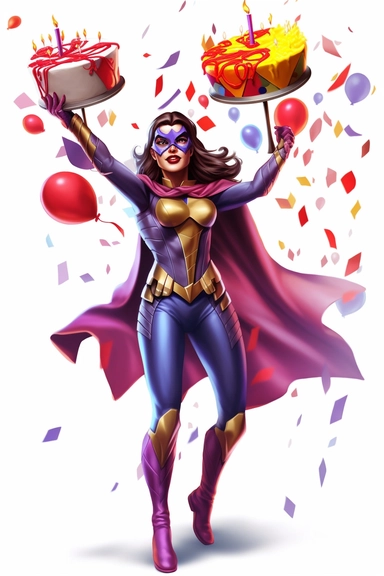 Generate a realistic clipart image of a female superhero character's birthday celebration. Show the superheroine blowing out candles on a birthday cake while surrounded by balloons and streamers. Include a festive party atmosphere with a white background.
