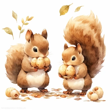 squirrel and Acorn, illustration for book, children's book, 2 clipart, fiorucci angels, beautiful decoupage paper, pastel colors, white background clipartm, fantasy art, squirrel ears, perfect eyes, detailed body, Watercolor Clipart, strybk, full Illustration, 4k, sharp focus, watercolor, smooth soft skin, symmetrical, soft lighting, detailed face, concept art, watercolor style, strybk, children's style fairy tales, chibi kawaii, Octane rendering, 3d. Perfect face, detailed face, delicate face, 