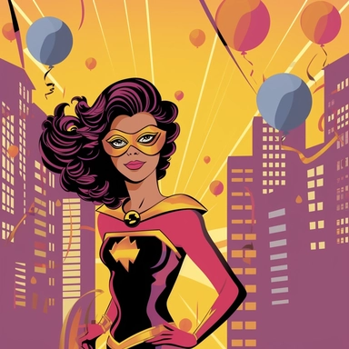 Generate a clipart image of a female superhero character's birthday invitation. Design a visually appealing invitation card with the superheroine's image, party details, and a superhero-themed border.