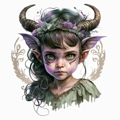 boho little girl, big eyes, maleficent, green glowing eyes, horns and wings, shades of purple clothing, very detailed and realistic, half body, watercolor, white background with margins, clipart style,