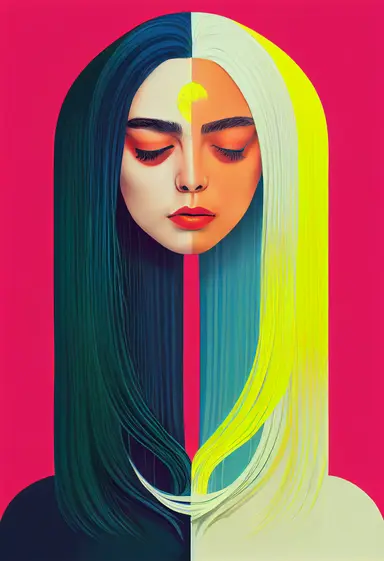 two Separated head halves of a woman with long hair, by James Baynes, behance, psychedelic art, overlord billie eilish, featured on dribbble, abstract mirrors, cell shaded cartoon, hi - fructose art magazine, clipart, portrait of sofia vergara, neon jungle, saatchi art