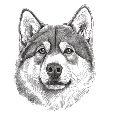 akita face hand drawn clipart image, black and white for coloring book, white background