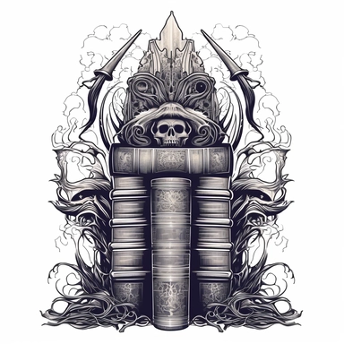 Create an impressive clipart of a clean, dark wizard's book stack on a pure white background. The design should incorporate elements of the gothic and fantasy genres, with dark hues and ornate designs on the books' spines. The lighting should be moody and shadowy, with a focus on the intricate details of the books' covers. The book stack should be perfectly symmetrical to create a sense of order and balance. Use a macro lens to capture the intricate details of the books' designs and play with th