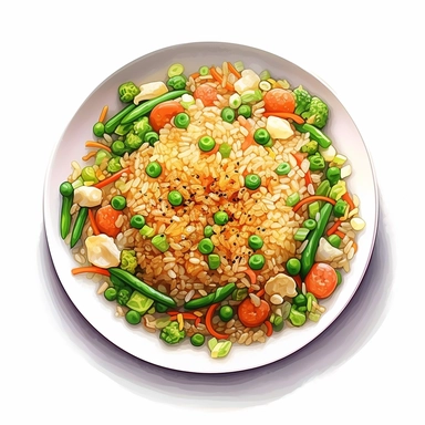 plate of fried rice in the style of digital airbrushing, realistic yet stylized, digitally enhanced, clipart, 32k uhd, clipart, white background