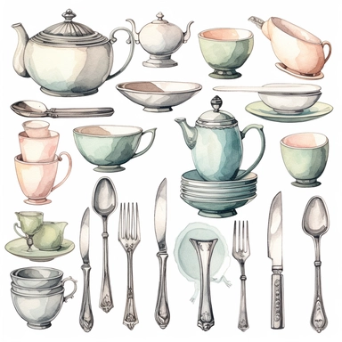 Watercolor vintage tea party items, illustrations clipart set, simple, soft colors, cartoon elements, different variants, teapot, sugar bowl, jug of milk, , stacked china plates, tongs, china cup and saucer,napkin, stacked teacups, ,silver knife, ,silver fork, ,silver spoon,napkin, place holders, separate elements with a margin