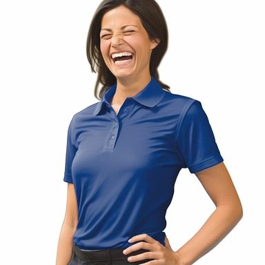 photo-realistic physically fit woman, age 25, wearing a royal blue polo shirt, laughing at a very funny joke, on white background for vector clipart