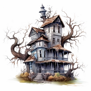 haunted house by tim burton, dead trees, watercolor, clipart, white background, in the style of victorian-inspired illustrations, fantastic grotesque, sketchfab