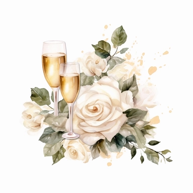 white beige rose border with leaves, champagne glasses wedding, mystical, beautiful, white background, single clipart, halloween element, Sparkling ,watercolor