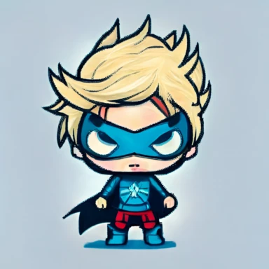 kawaii superhero, clipart, front design, blonde kid, lighting, traje azul, mini