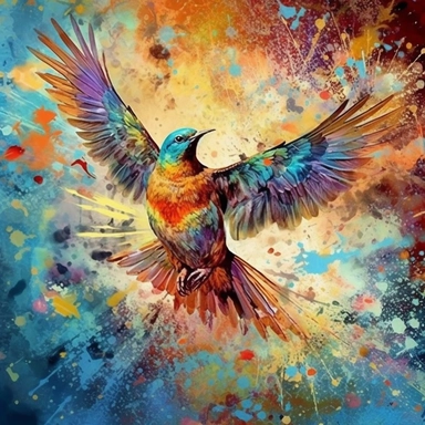 *creative fantasy / style boho , splattered BG painting , A IRREDECENT bird, representing freedom, the wild spirit of nature, EXTREME Abstract art, clipart , 300DPI