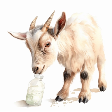 baby dwarf Nigerian goat being fed a bottle, very detailed and realistic, watercolor, white background with margins, clipart style