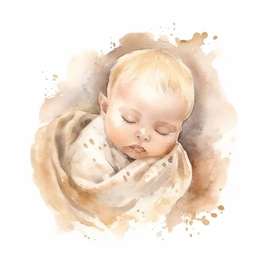 cute watercolor newborn soft beige sleeping baby in crible, watercolor effect, isolated white background, babyshower clipart, soft white tones