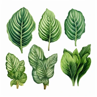 6 watercolored Calathea (Prayer plant) spaced out clipart depicted in the style of Botanical Illustration, capturing its intricate details, delicate veins, vibrant green hues, and a realistic portrayal of its texture, on white background