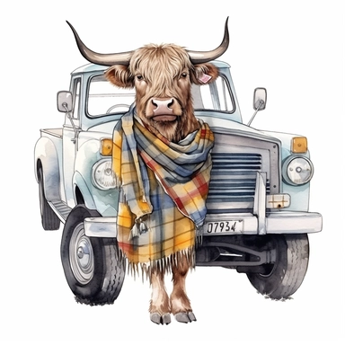 hand drawn highland cow wearing clothes and driving a vintage farm truck, very detailed and realistic, watercolor, white background with margins, clipart style