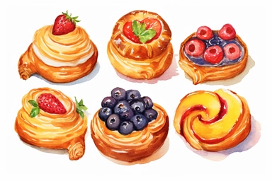 watercolor Danish pastry clipart, hd, white background, spaced out