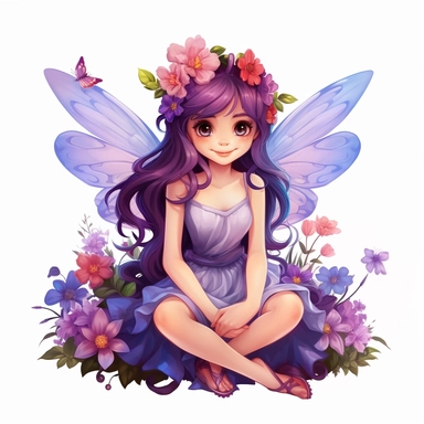 a beautiful smiling fairy girl sitting in flowers, big wings, purple dress, pixar style, full body image, clipart, white background