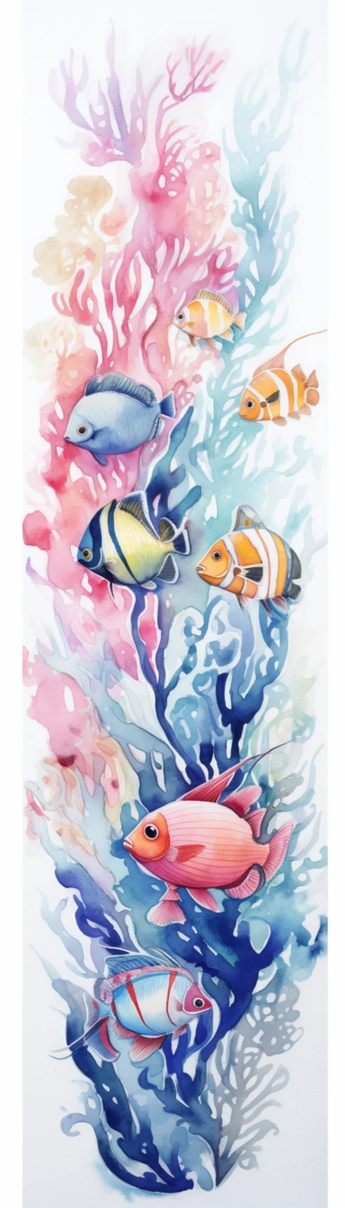 Clipart Tropical fish swimming among coral reefs, Watercolor, white background, vertical format