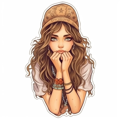 semi-realistic spiritual mysterious shy cute girl sticker, fair skin, in boho style, magical aura, fantasy, clipart, white background, high quality, contour