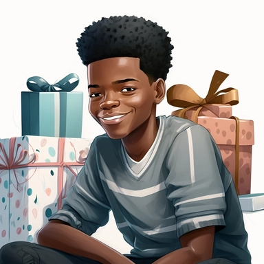 2d, handsome , sitting smiling plus size black teen boy birthday party clipart, opening birthday presents, cartoon realistic, 32k uhd