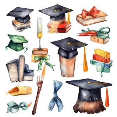 watercolor graduation related scenes, illustrations clipart set, simple, , cartoon elements ,different variants , school and classroom elements, graduate, graduation gown and capdiploma, separate elements with a margin, ,4k, high resolution