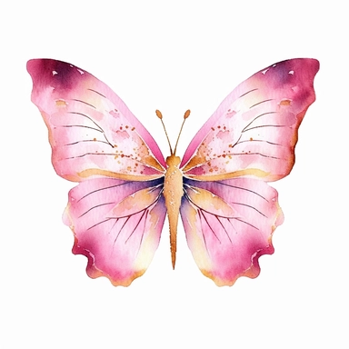 Whimsical and cute watercolor butterfly design in pink and gold, vector clipart