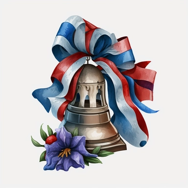 A clipart of the Liberty Bell with a red, white, and blue ribbon, Watercolor, Clipart, transparent background PNG