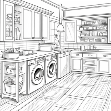 laundry room with washer, dryer, iron, mop, broom, simple, all black and white for coloring book, isolated, line art, printable outline art, digital art, clip art, only outerlines, black lines,