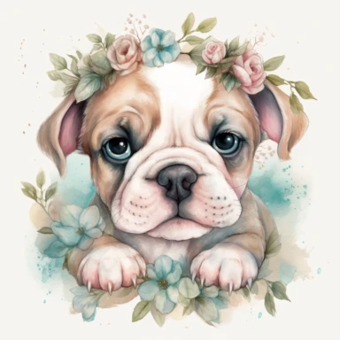 super cute newborn baby bulldog clipart with huge cute blue eyes happy smiling mouth painted in watercolor style, splashes, muted pastel blush pink and muted pastel sage green and muted pastel sage blue eucalyptus and peony flowers, white background jasmine becket griffith style 8k hd