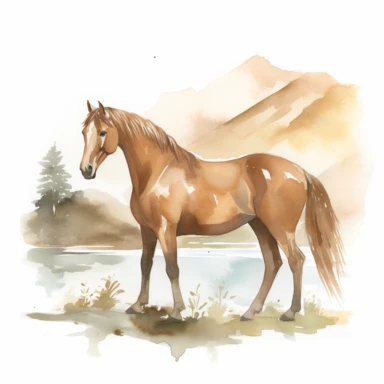 A clipart that shows a majestic brown horse in a graceful pose on a white background. The horse's body is elegantly curved to emphasize its beauty and grace. It may be standing on a slight hill or in an idyllic landscape. The water colors give the clipart a soft and flowing look. The colors can be soft and pastel to create a calm atmosphere. Use different shades of blue for the background to create a natural water or sky look. The contours of the horse are subtle and well defined to clearly show