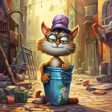 COMIC/CARTOON wacky funky tom cat standing in an alley next to the trash can,large eyeglasses, hats, muted colors, swirls, twists, twirls, metallic, glitter, stylized, funny, centered, airbrushed, digital oil, detailed illustration, clip art, cartoon, 8k, ar 9:8