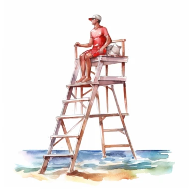 watercolor beach lifeguard on highchair with binocolurs in hand looking in the ocean , illustrations clipart set, simple, , cartoon elements ,different variants , separate elements with a margin, wooden and plastic elements elemets ,4k, high resolution