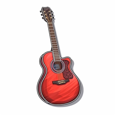 full isolated red acoustic guitar with bolded outlines on a white background, bolded outline clipart sticker watercolour style, bolded outline sticker, front view, isolated on a white background