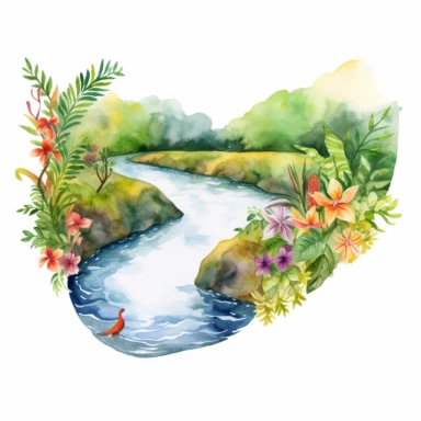 Design a watercolor jungle river clipart scene, with a winding river flowing through a lush tropical landscape filled with vibrant flowers and foliage on a white background. This adventurous design can be used to enhance various clipart elements or as a standalone decoration for exploration or nature-themed projects.