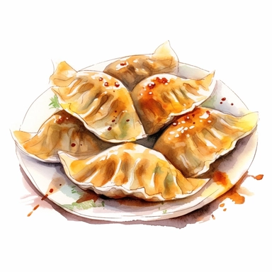 picturesque,bright luxury Japanese nutural food, Pan-fried gyoza dumplings with brown burnt marks, Japanese Gyoza have Juicy on the inside, a golden brown and slightly crispy base, for the restaurant menu, icon clipart on white background, watercolor, detailing in pastel colors, high quality, painted by Beatrix Potter, 8k,