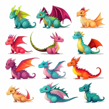 clip art of dragons, cartoon style, harry potter, white background
