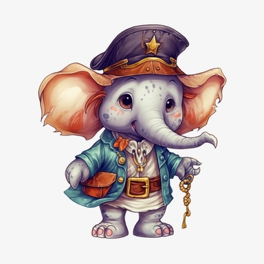 cute elephant in a Pirate Costume, cartoon clipart, isolated white background, 32k