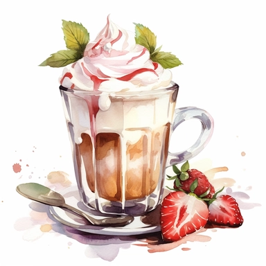 watercolor clipart illustration of milk coffee, with dessert with cream and strawberries, on table in rose garden, summer bright day, white background