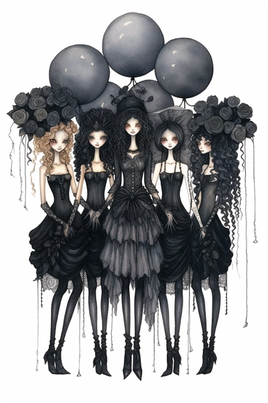 watercolor mixed media goth steampunk bride girl entire body and bridesmaids in goth steampunk wedding decor illustration clipart by holly hobbie
