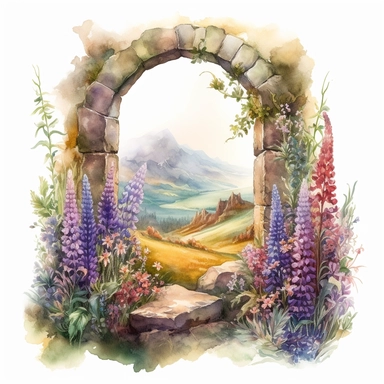 isolated on white illustration watercolor art of a rustic window from inside the fairy house, the window shows the landscape from the garden with lupine and a road going into the mountains, a lot of lupine, masterpiece by Hans Zatzka style and by Josephine Wall style and by Rachel Ruysch style and by Jean-Baptiste Monge style, Art Nouveau Architecture, PNG clipart, isolated on white, extreme photorealistic details, 32k HD resolution, realistic high detailization high resolution