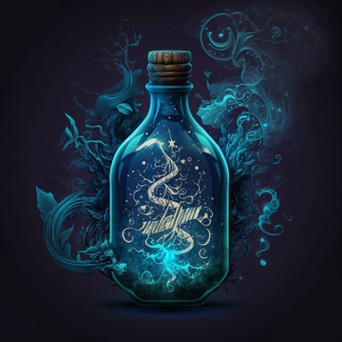 Generate a magical potion clipart with a glowing blue liquid, swirling smoke, and sparkling stars. The potion should be in a glass bottle with a cork stopper, and the label should have mystical symbols and runes on it. The overall style should be reminiscent of old alchemy illustrations, with an air of mystery and enchantment
